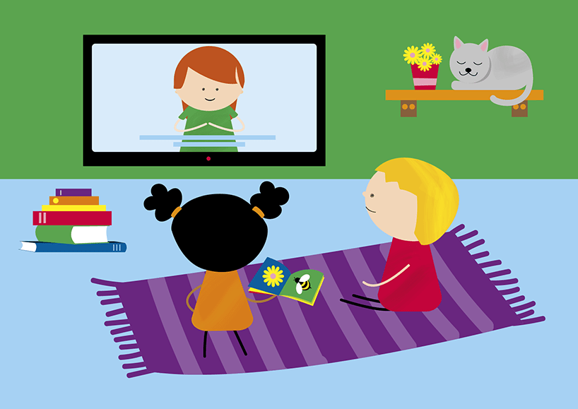 Illustration of an adult and child sitting on a purple mat inside while they watch a person on TV use sign language. The child is holding a book.