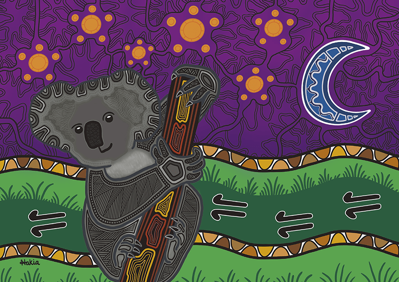 Illustration of a koala sitting in a tree at nighttime. This is the Aboriginal artwork designed for the Kinder Kit activity box. 