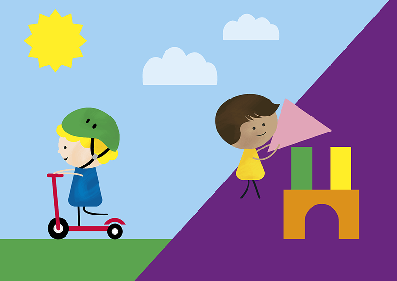 Illustration of two children playing outside. One is riding on a scooter one is playing with building blocks.