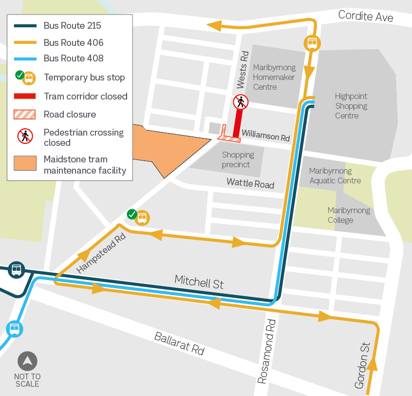 Image of detour map for buses when closing sections of Williamsons Road and Wests Road in Maidstone.ebruary 2024