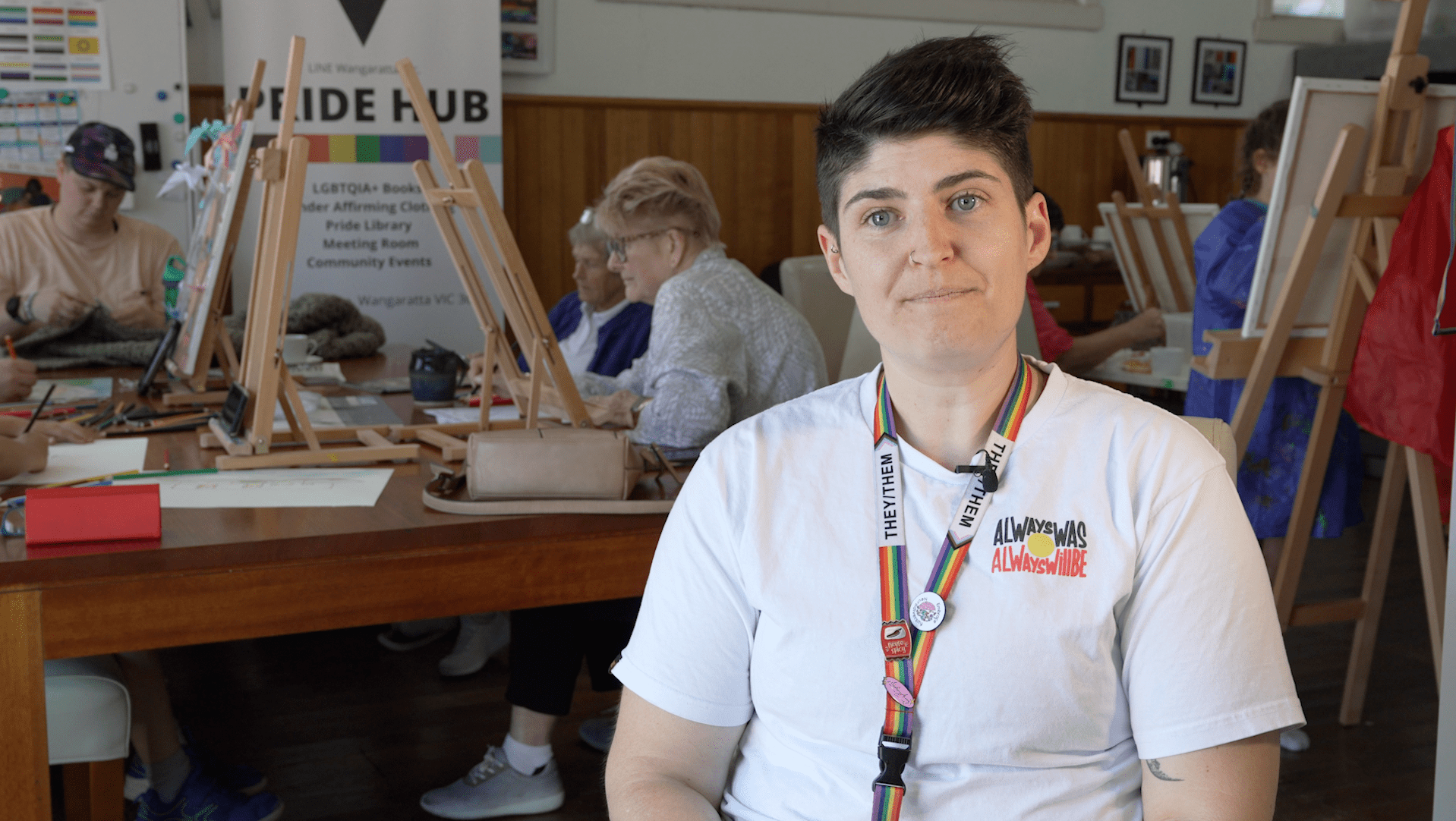 LINE Wangaratta, Al Winters, Executive Officer in community workshop setting facing camera with participants sharing art and craft table behind them.