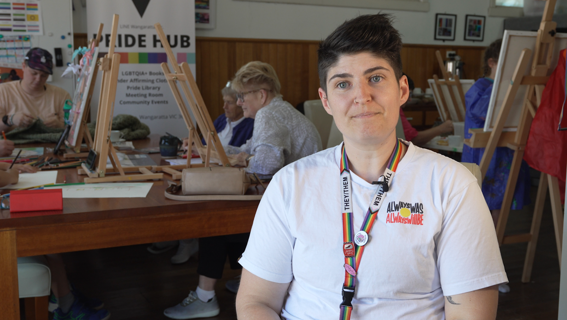 LINE Wangaratta, Al Winters, Executive Officer in community workshop setting facing camera with participants sharing art and craft table behind them.