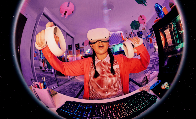 Teenager using 3d immersive headgear