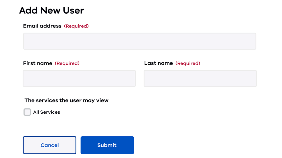 Add New User section with fields to enter email address, first and last name, and to select All Services