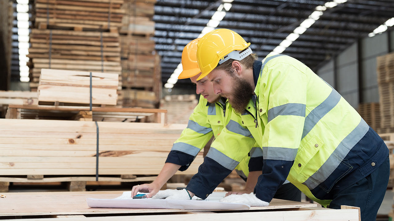 Two construction workers looking at plans