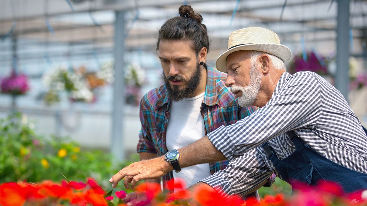 Two people working in a garden nursery