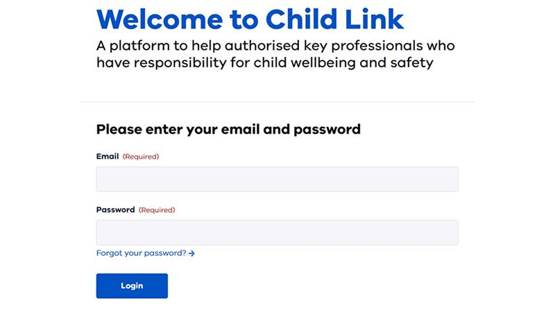 Child Link login page with fields to enter email and password.