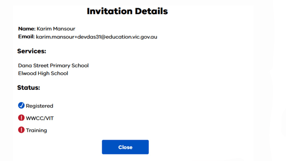 The Invitation details box shows the details of the Users you have invited and what registration and validation steps they have completed.