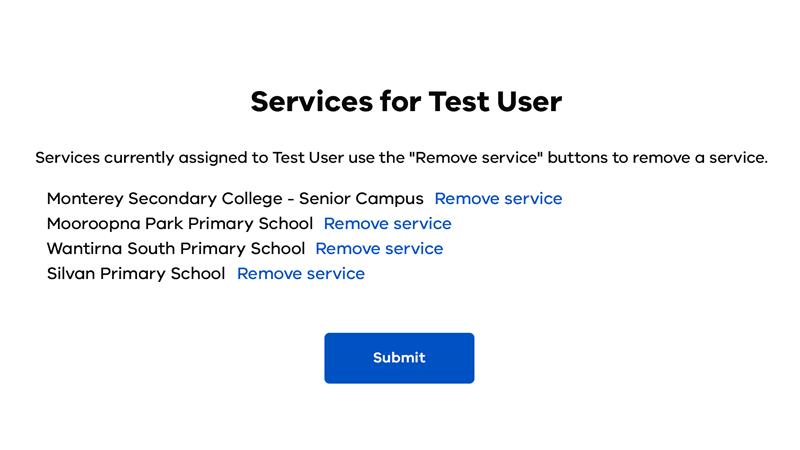 Remove service option for Child Link User with Submit button.