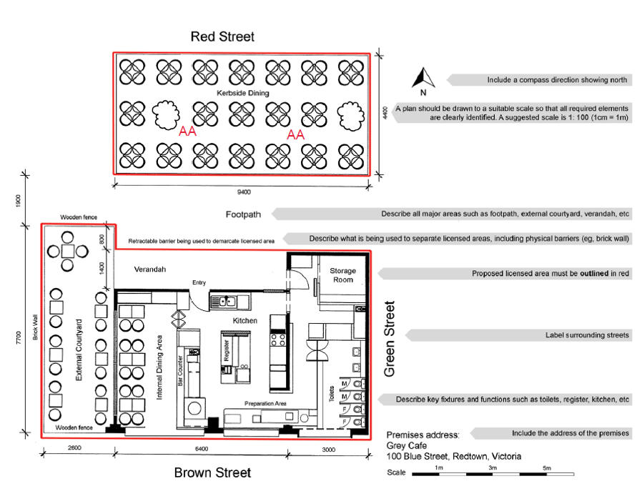 A drawing in black of the layout of the venue with pictures showing bathrooms, tables, chairs and outdoor areas. The outside of the venue is outlined in red. There is a separate box outlined in red showing an area with chairs and tables on the footpath. The address, a scale and a compass pointing north have been included.