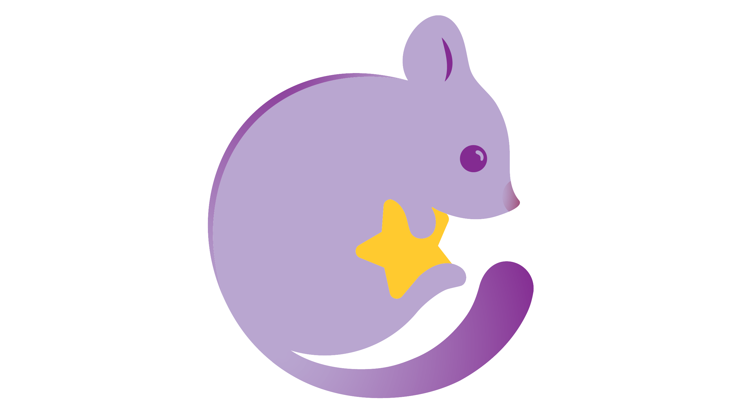 A simple illustration of a purple leadbeater possum curled around a yellow star.