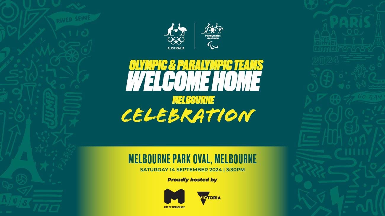 Text on green and gold background reads Olympic and Paralympic welcome home celebration