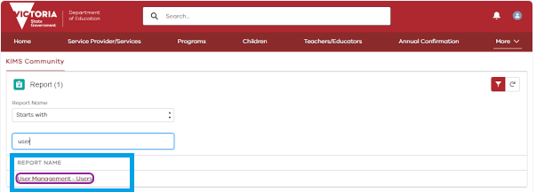 Screenshot of the 'User Management - Users' report tab on the KIMS report webpage, as described in the step above.  