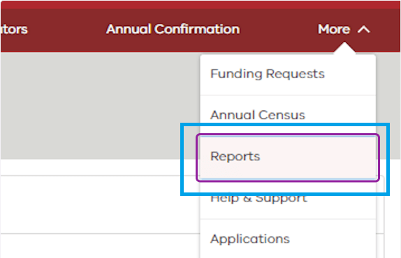 Screenshot of the options displayed in the 'More' tab on the KIMS landing page, with the 'Reports' option highlighted, as described in the step above. 