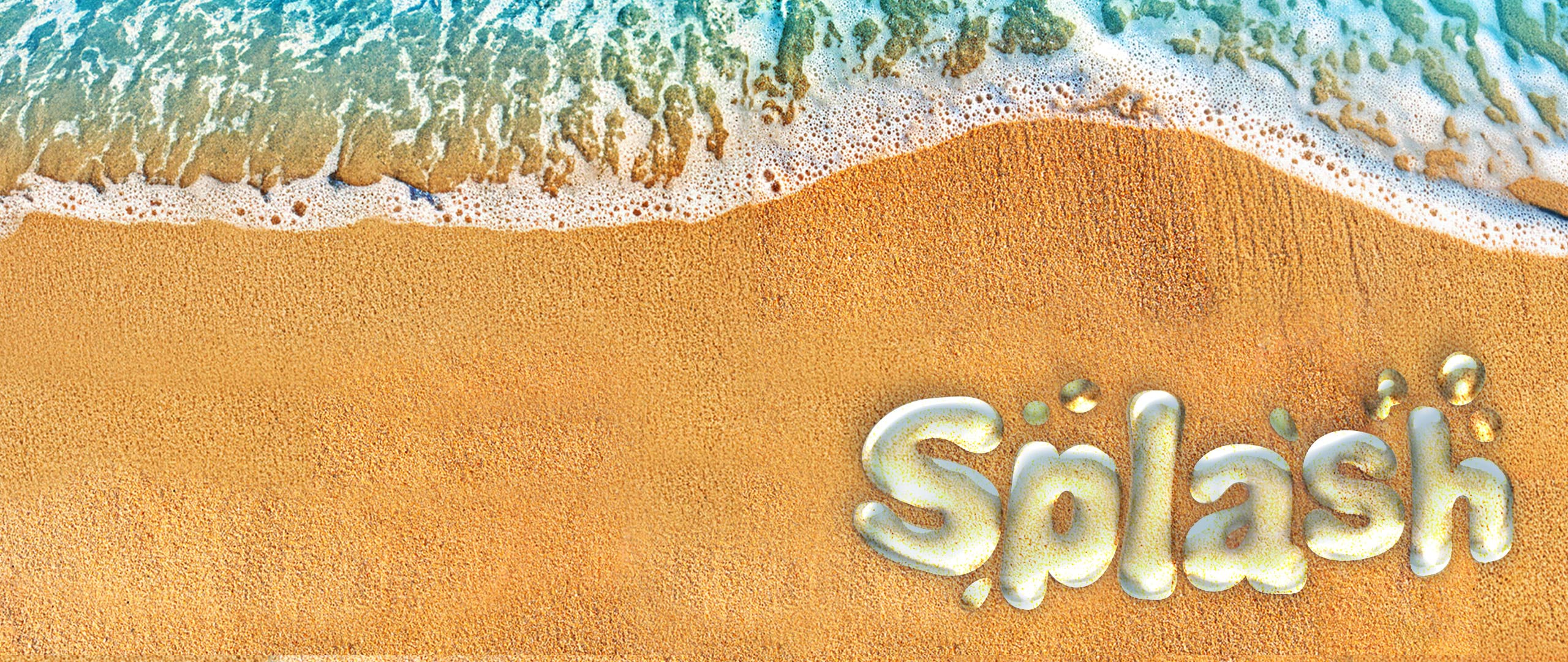 A yellow sandy beach with a wave splashing and text that says 'Splash'