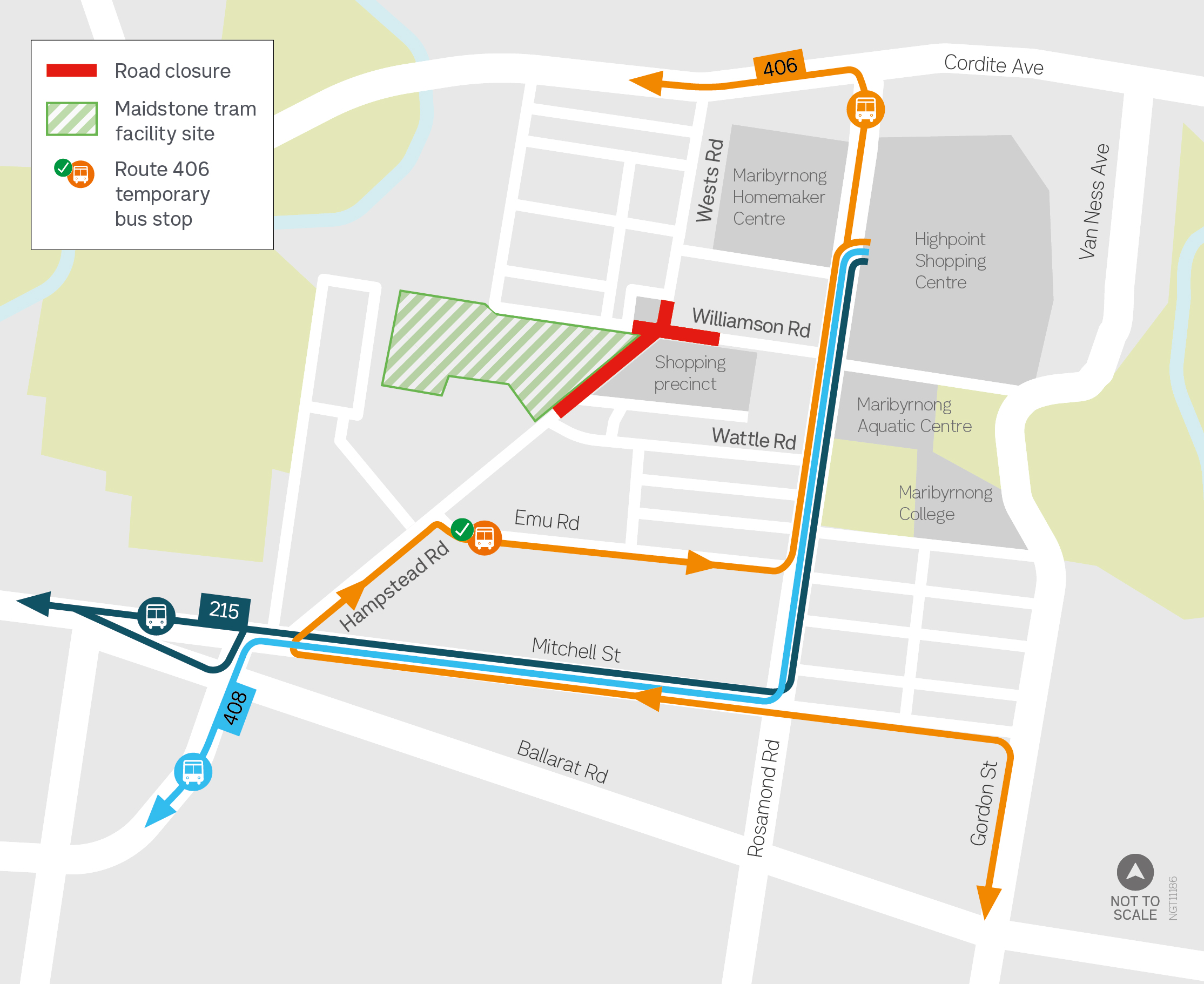 Image of map showing selected bus stops on Hampstead and Williamson roads between Rosamond Road and Mitchell Street