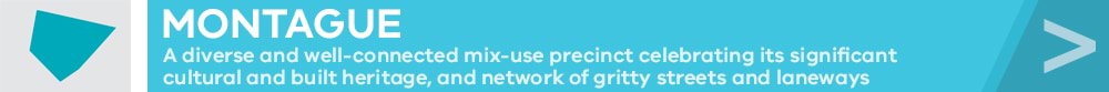 Montague: A diverse and well-connected mix-use precinct celebrating its significant cultural and built heritage, and network of gritty streets and laneways.