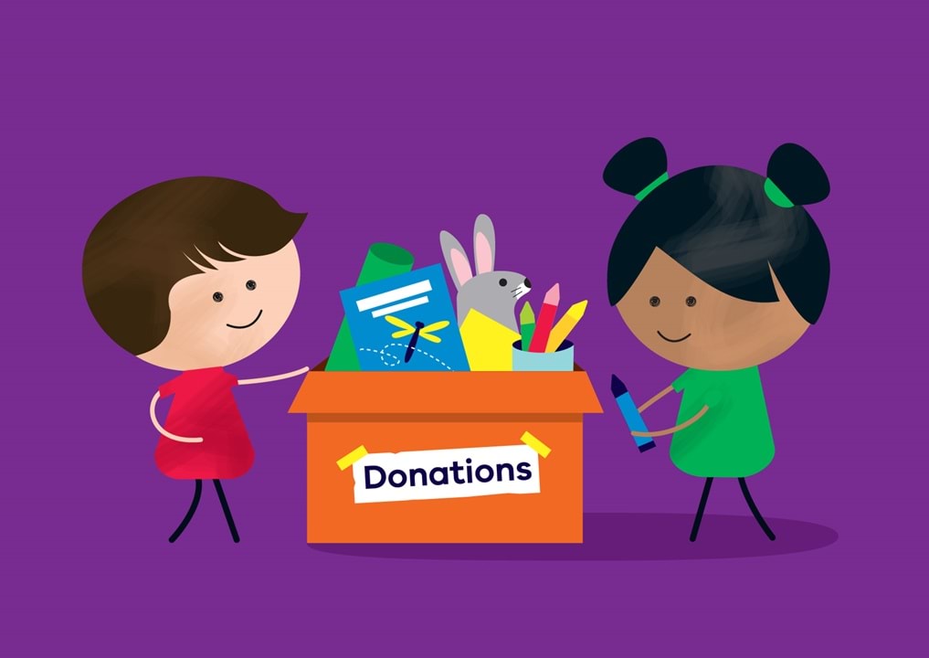 Illustration of two children adding kinder kit items to a donations box.