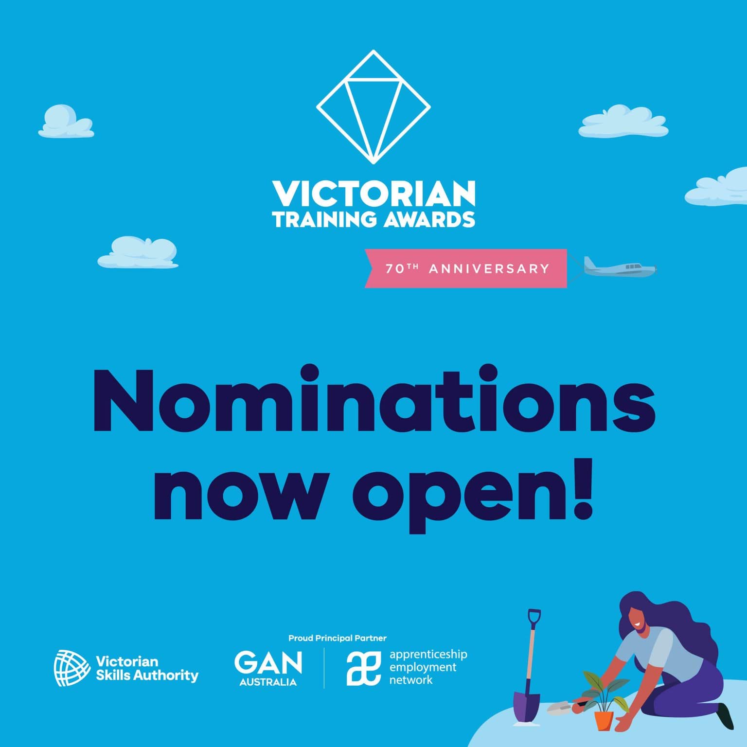 70th anniversary of the 2024 Victorian Training Awards announcing nominations are now open with Victorian Skills Authority logo, GAN Australia logo and Apprenticeship Employment Network logo as sponsors.