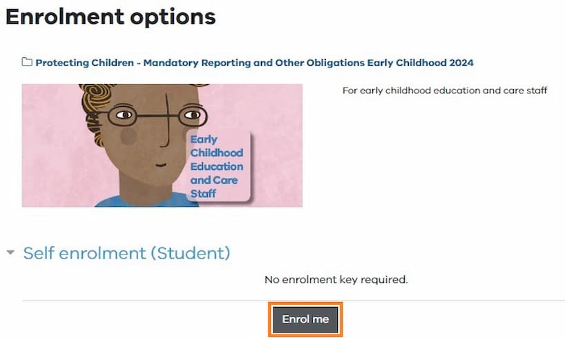 Protecting children early childhood course enrolment page with Enrol me button.