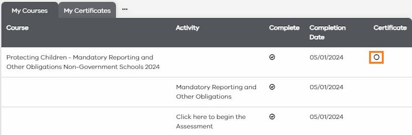 Protecting children non-government schools access certificate via My Dashboard.