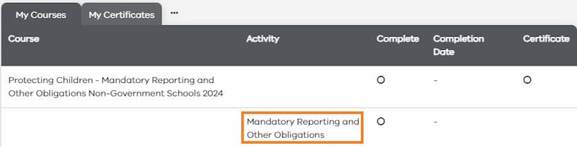 Protecting children non-government schools Learning Module via My Dashboard.