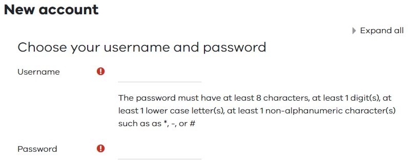 New account form with fields to choose username and password.