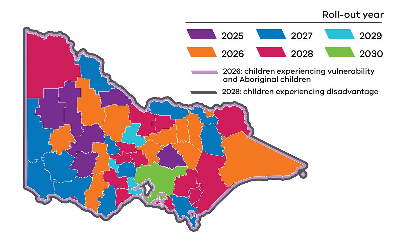 map with different colours representing different areas in Victoria's roll out years as described above