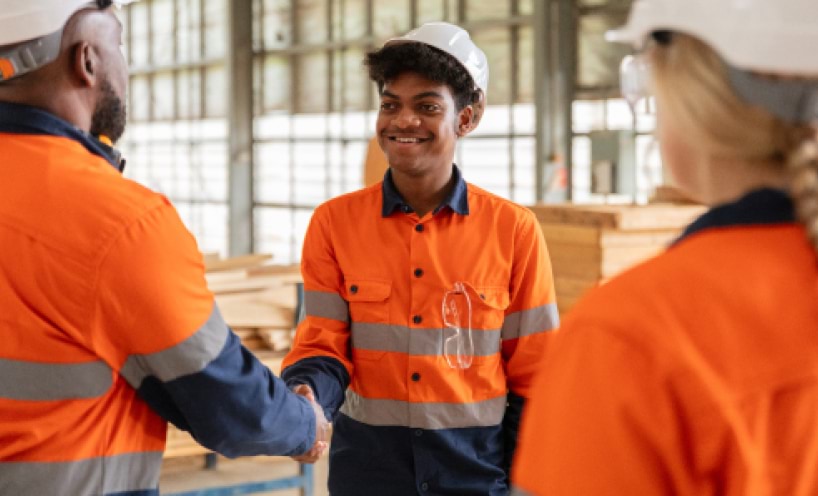 Three people wearing hi vis clothing and helmets. Two of the people are shaking hands.