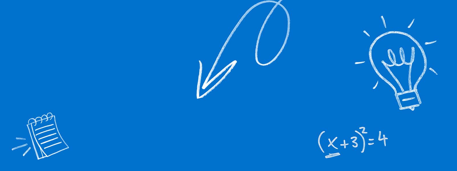 Drawings of a notepad, arrow, lightbulb and equation on a blue background.