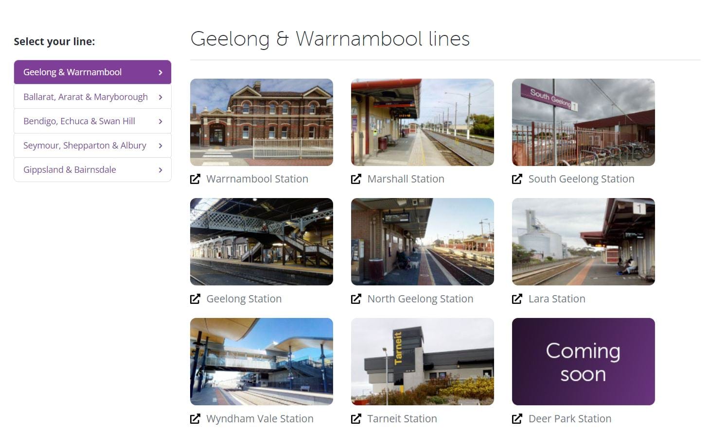 Screen shot of V/Line webpage showing virtual tours