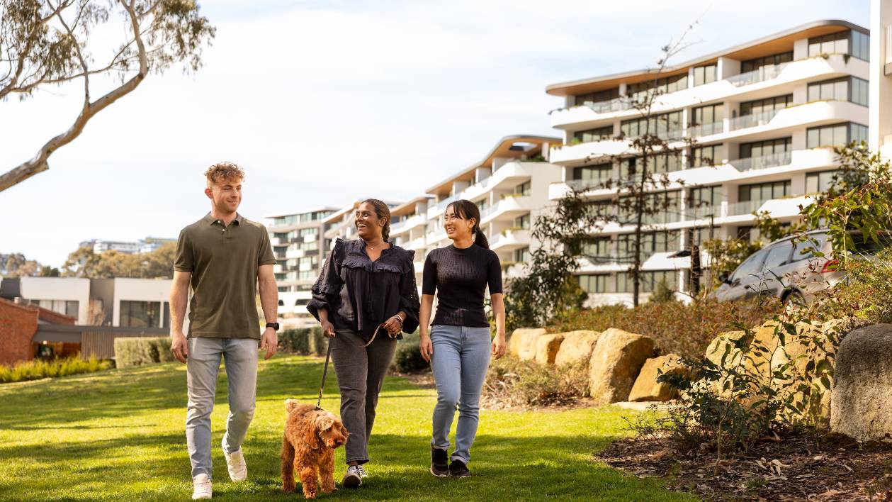 3 young people walk a dog in a park, with a series of medium-height apartment blocks in the background