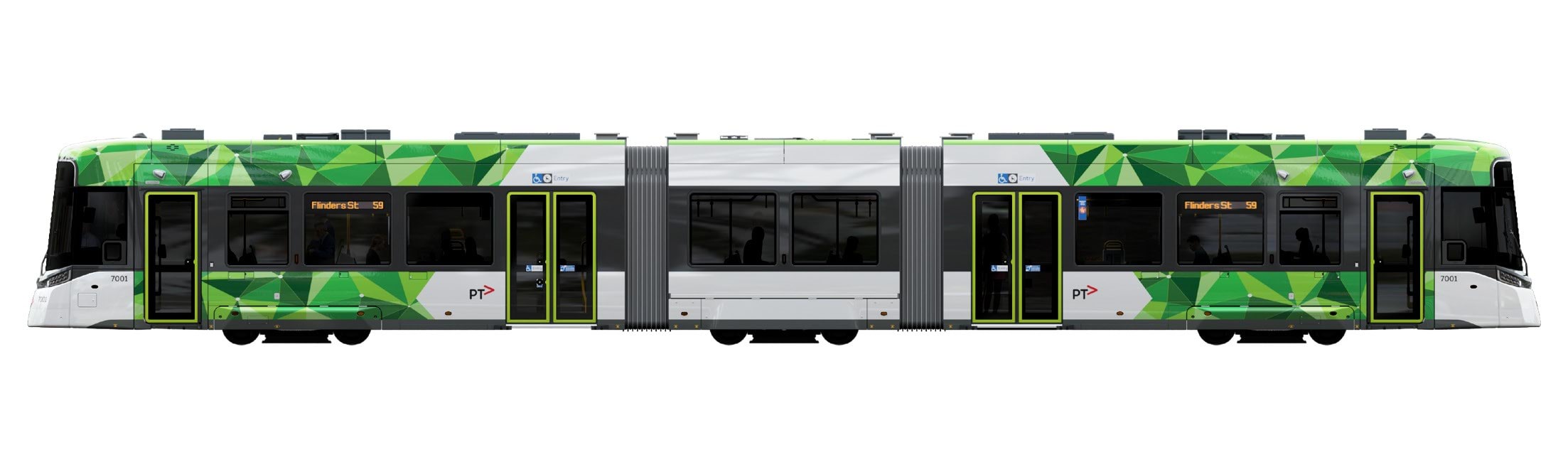 Side view 2D render of a G Class tram with three connected sections, green and white colors, and four doors on the side. The two middle doors are double doors for easier access.