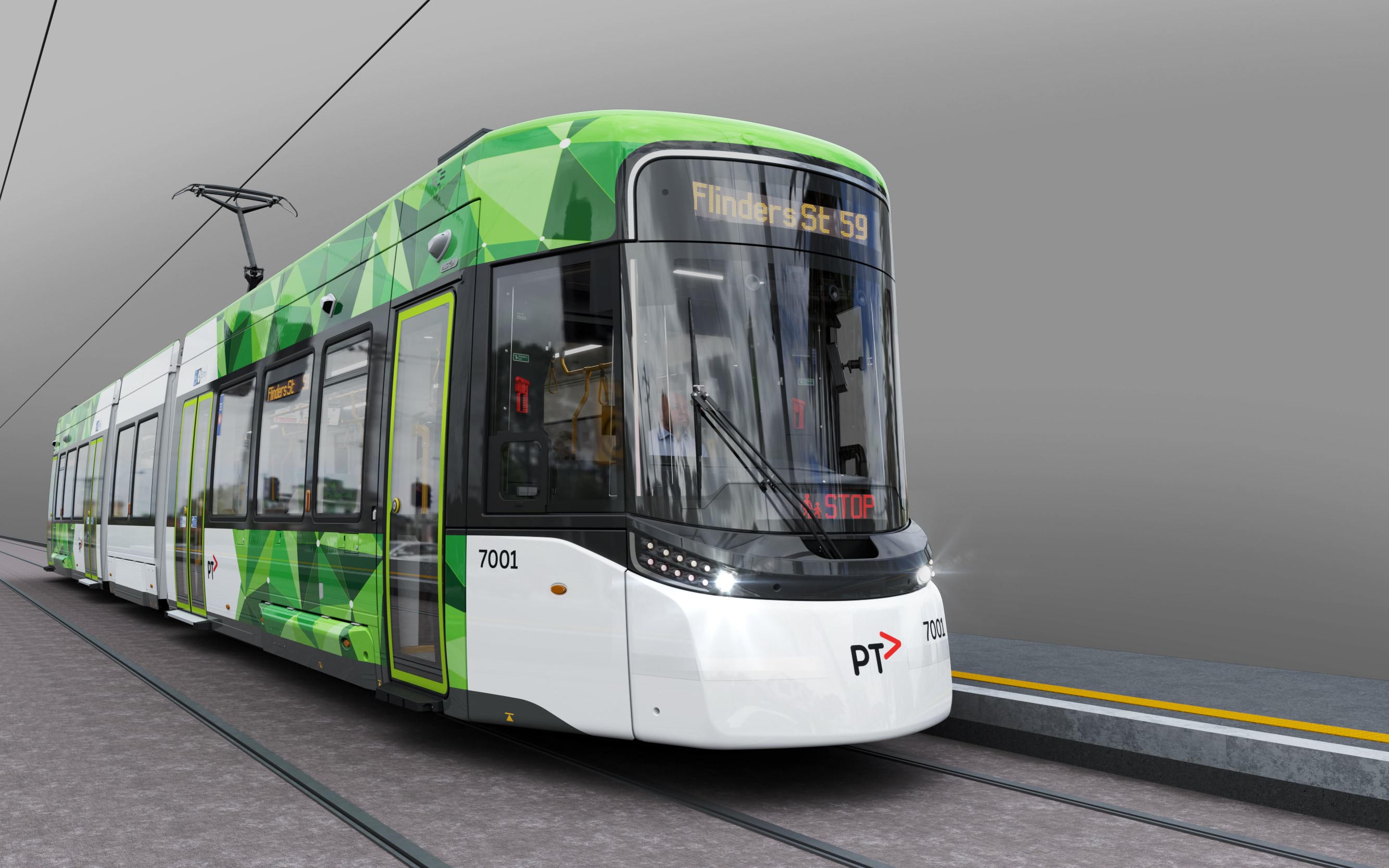 Final render of the G Class tram, shown from a perspective angle, revealing the front and part of the side with a sleek, modern design.