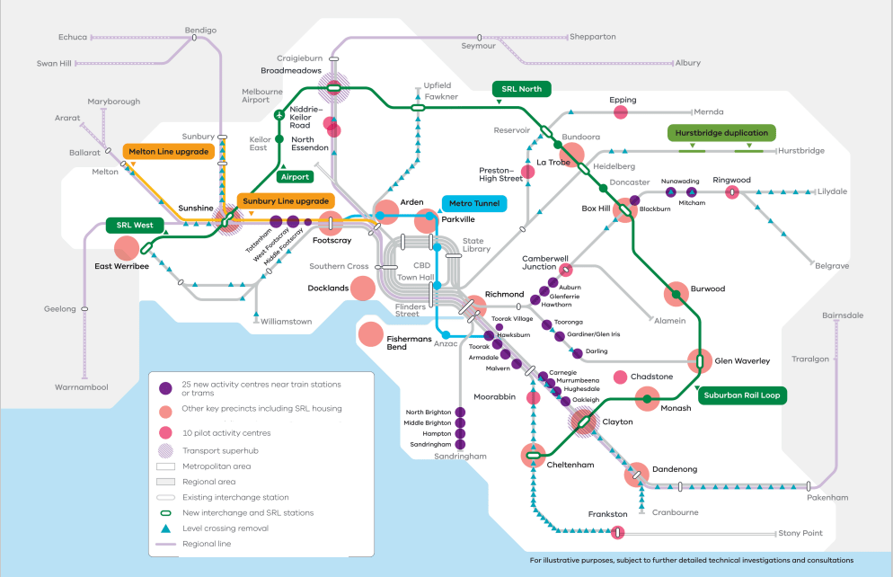 A map of the Melbourne train network along with the proposed suburban rail loop and metro train tunnel