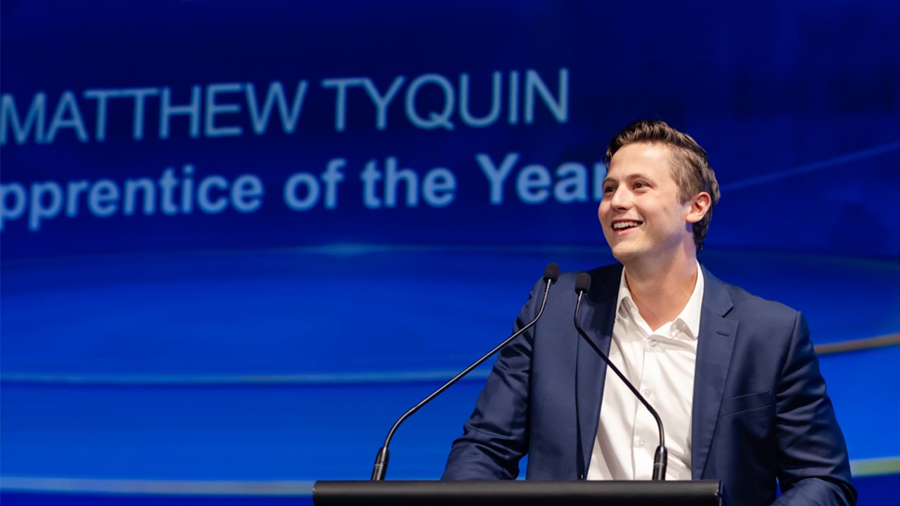 The announcement of Matthew Tyquin winning the Australian Training Awards - Australian Apprentice of the Year Award