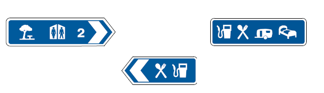 Image of three services signs showing toilets, rests area, service station, and accomodation.