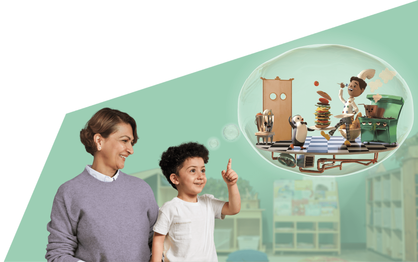 Early childhood teacher smiles at young boy as imagines a cartoon scene of him being a chef.