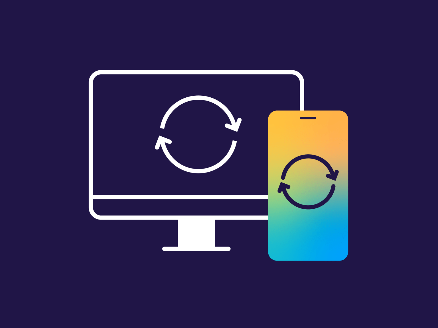 Computer screen and mobile phone screen showing update symbol