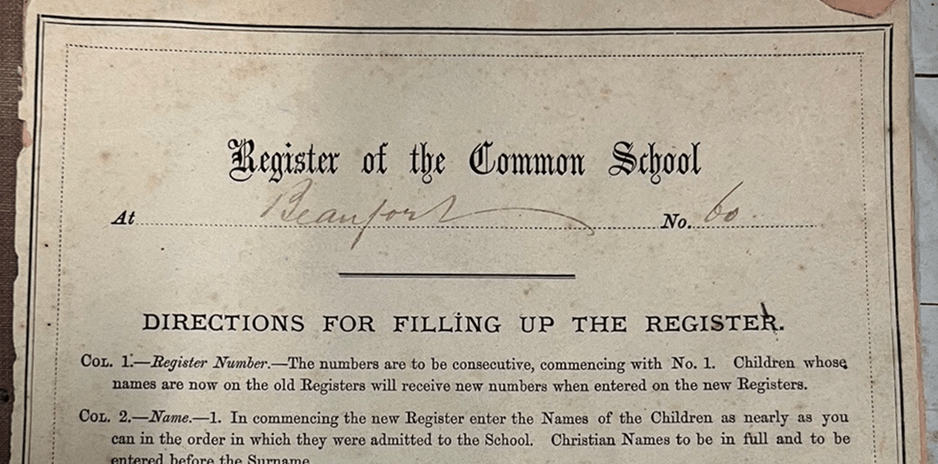 The front top of a pupil register that clearly shows it Is for Beaufort School and it is register number 60