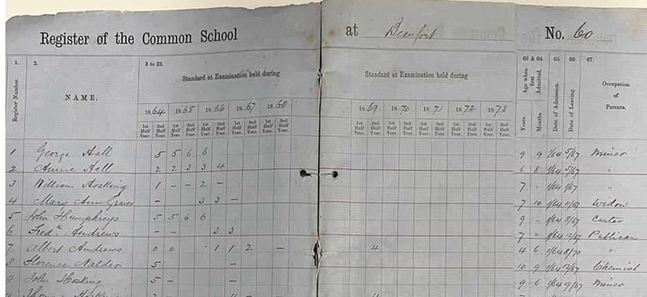 An open page of the Beaufort School Pupil Register and you can clearly see the names of students and dates