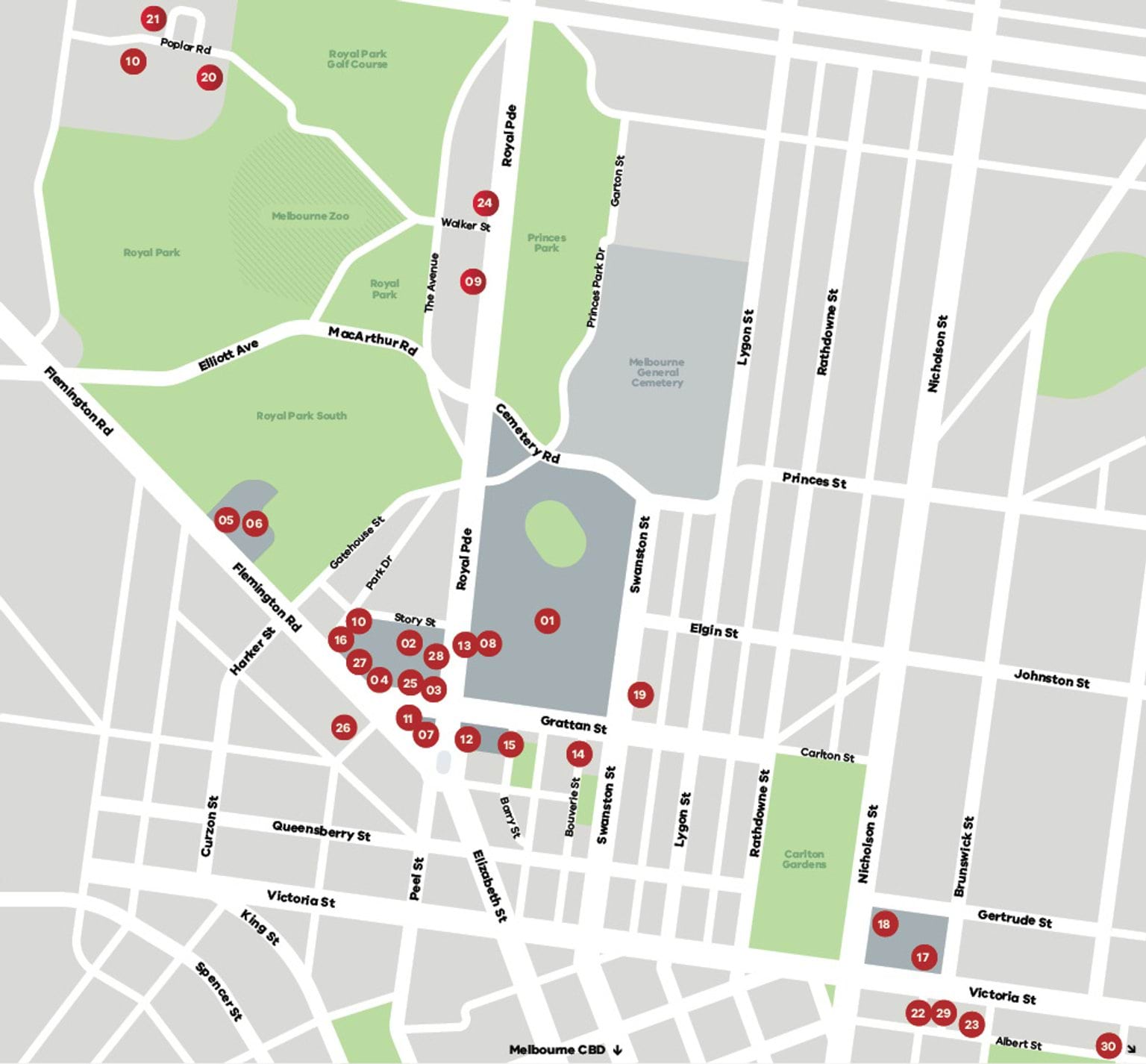 map of Melbourne's biomedical precinct with icons