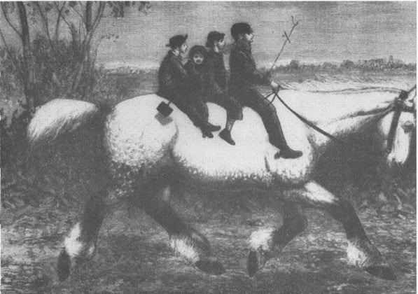 sketch of four children riding a large white horse in the countryside