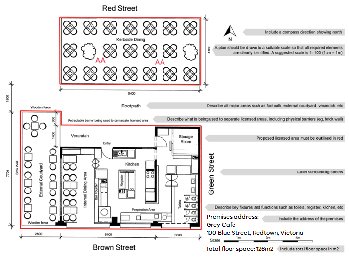 A drawing in black of the layout of a venue with blueprint-style images showing bathrooms, tables, chairs and outdoor areas. The outside of the venue is outlined in red. There is a separate box outlined in red showing an area with chairs and tables on the footpath. The address, a scale and a compass pointing north have been included.