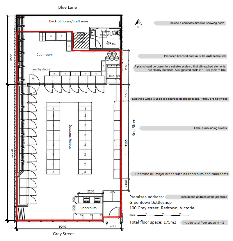 A drawing in black of the layout of the shop venue with pictures showing bathrooms, shelving and entry and exists. The shop floor, registers and cool room are outlined in red. The toilets and back of house area is not included in the red line. The address, a scale and a compass point north have been included.