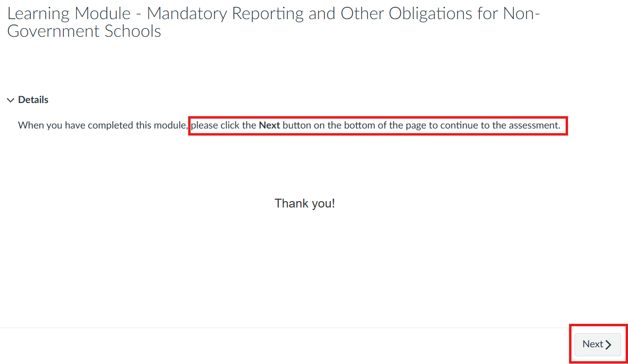 Page shown after completing 'Learning Module - Mandatory Reporting and Other Obligations for Non-Government Schools' instructing users to click 'Next' after completing module.
