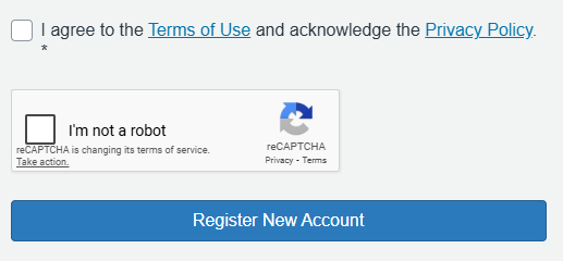 Image of Mandatory Reporting EC course enrolment page with checkbox to agree to Terms of Use and acknowledge the Privacy Policy, and checkbox to complete the 'I'm not a robot' reCAPTCHA.
