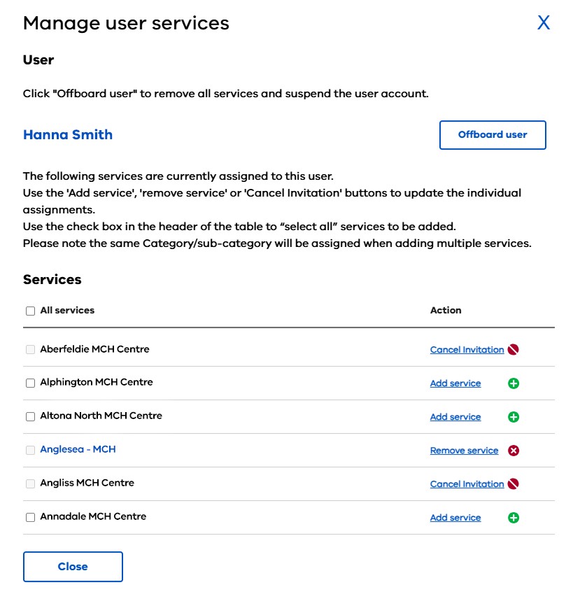 The Manage User Services screen in Child Link.