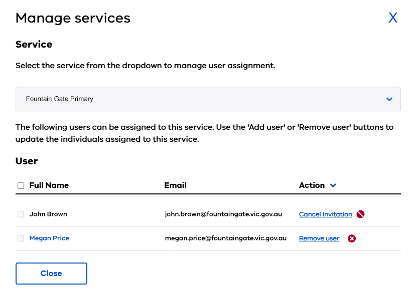 The manage services screen in Child Link.