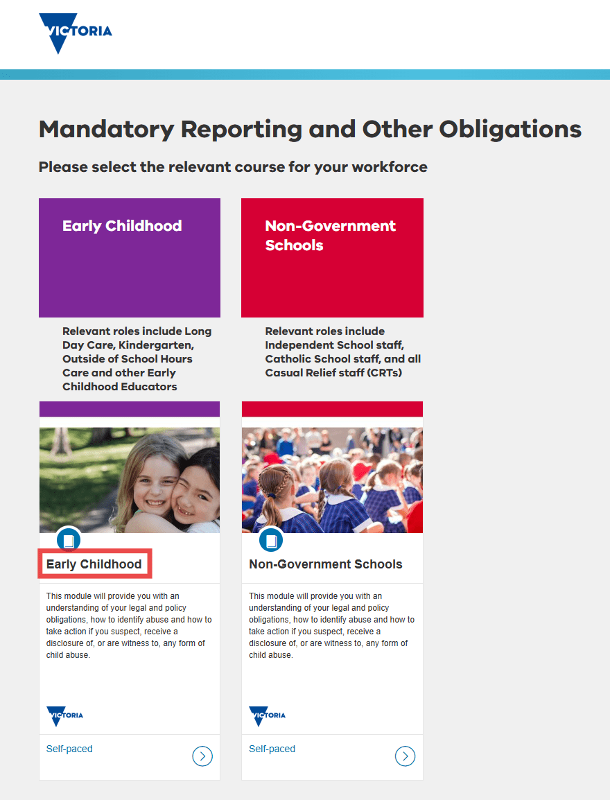 Image of Mandatory Reporting and Other Obligations page with two course offerings - Early Childhood course, with image of two young children; and Non-Government Schools, with image of group of children in school uniform.
